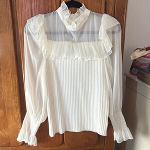 Elegant Ruffled Ivory Long-Sleeve Sheer Yoke Top SZ S PTP 15